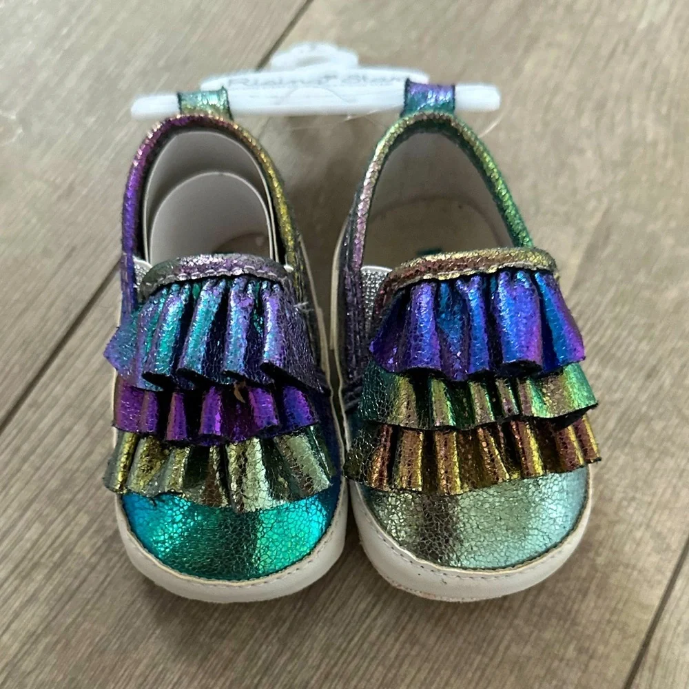ADORABLE New Glitter rainbow peacock walker shoes baby girl 3-6m rising star